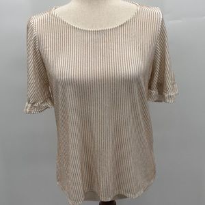W5 Women’s White/ Gold Stripped Short Sleeve Ruffle Blouse